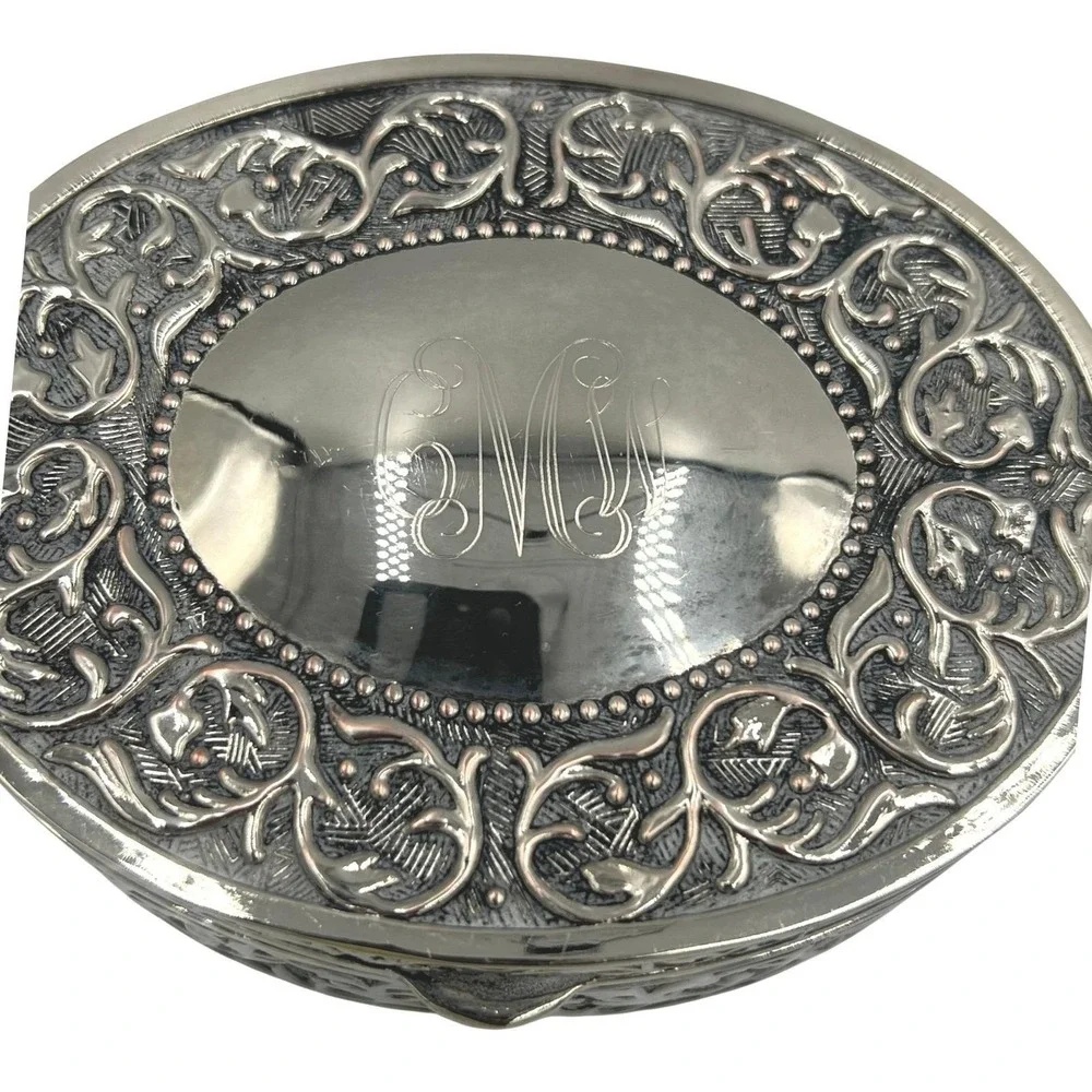 Vintage Oval Silver Plated Jewelry Trinket Box Monogrammed Velvet Lined Keepsake